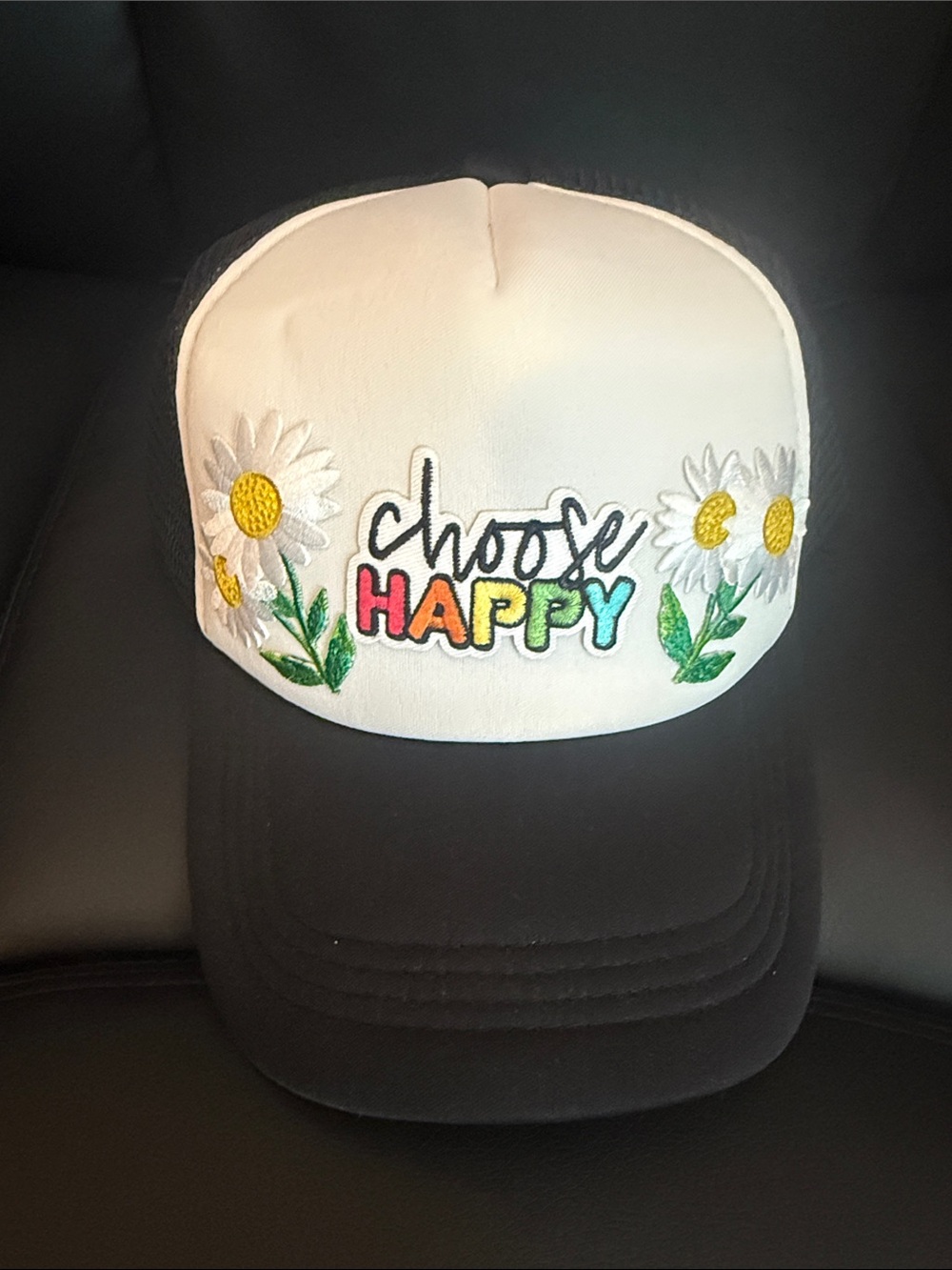 White & Black 'Choose Happy' Daisy Trucker Hat